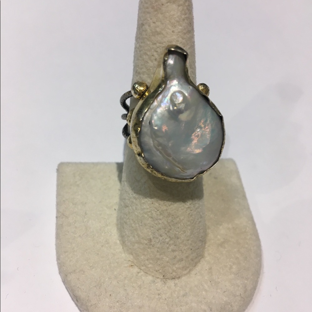 Oxidized silver, 22 karat gold, white pearl ring